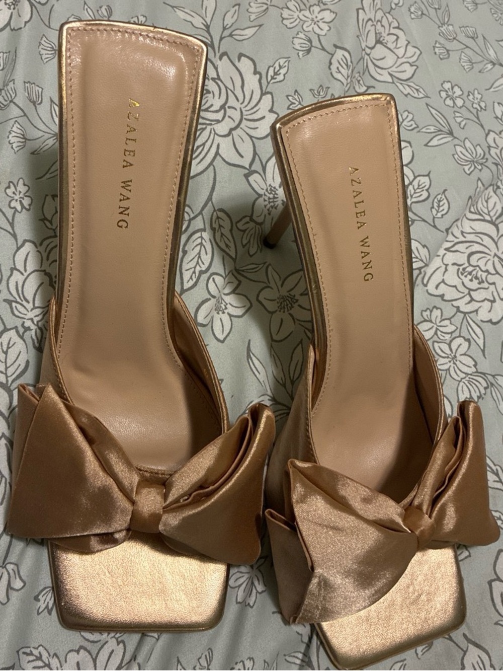Azalea Wang Rose Gold Satin Bow High Heel Mules
